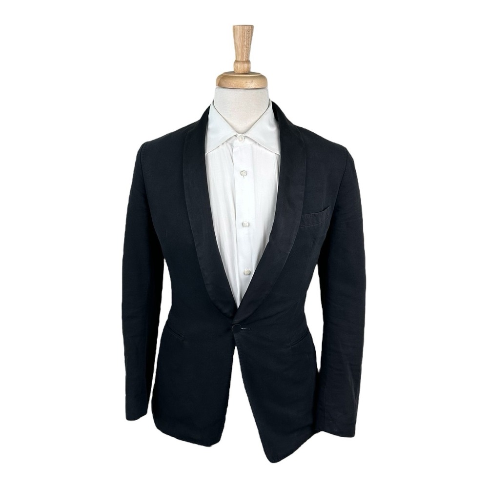 Dries Van Noten Black Satin Shawl Lapel Cotton Tuxedo Jacket Blazer Mens 38R 48